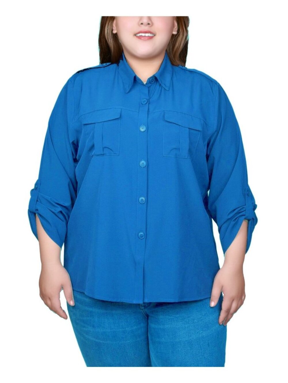 NY Collection Womens Plus Size 3x Blue 3/4 Sleeve Roll Tab Blouse
